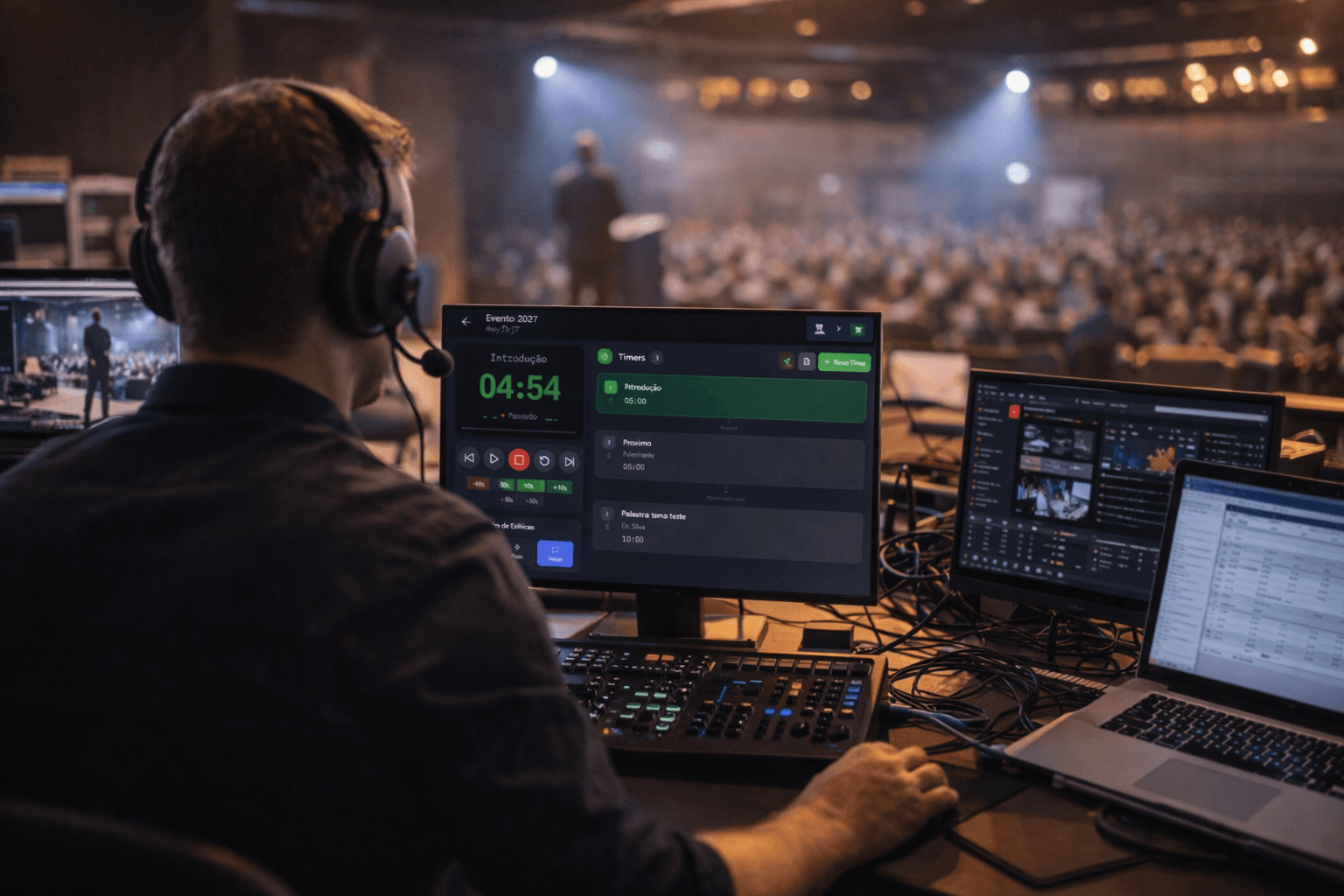 Operador na mesa de controle do evento